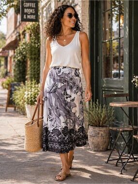 Jasper S Butterfly & Rose Print Pull-On Midi Skirt S Elastic Waist